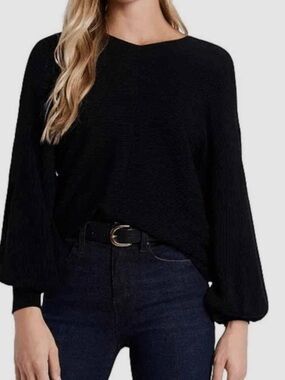 1.STATE Bubble Sleeve Rib Knit Black Women’s V Neck Sweater Jumper SZ MED EUC